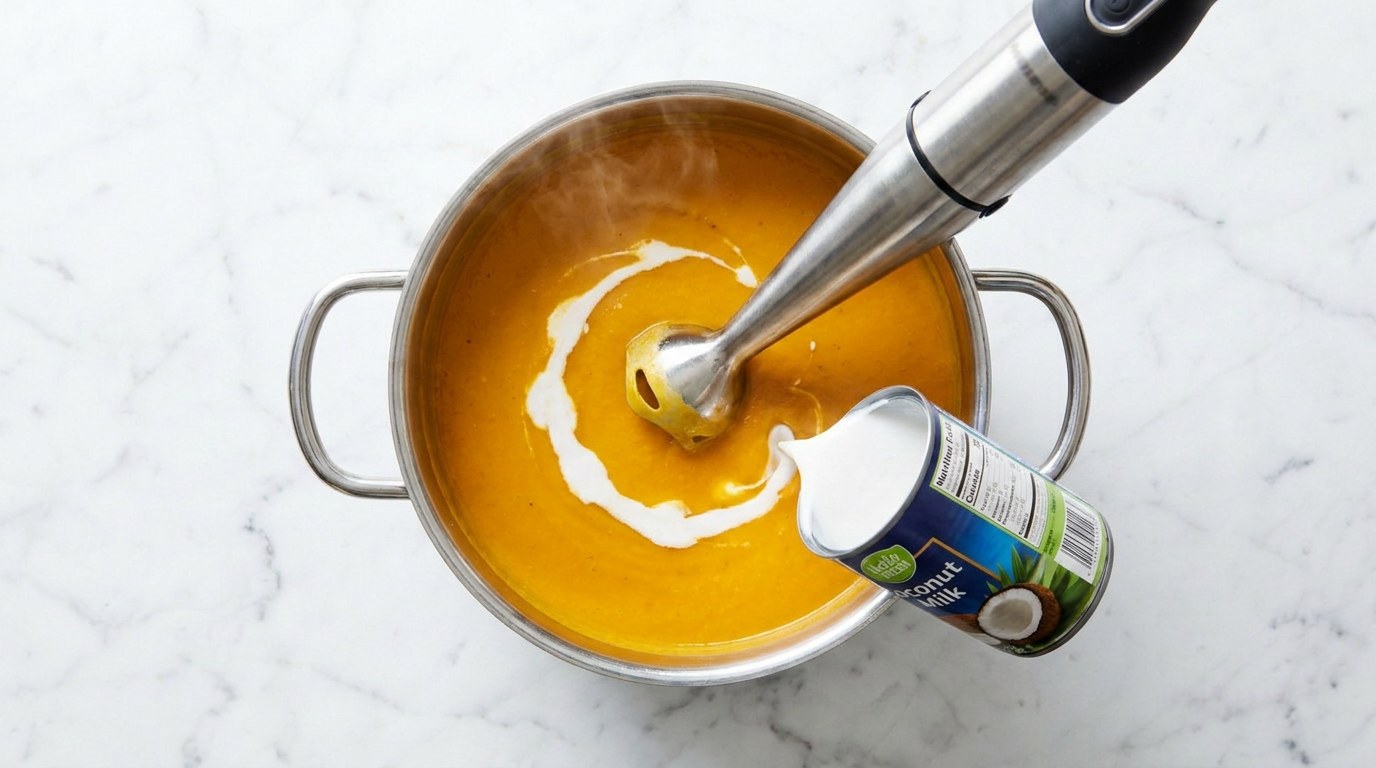 Step 4: Blend the soup smooth and stir in most of the coconut milk.