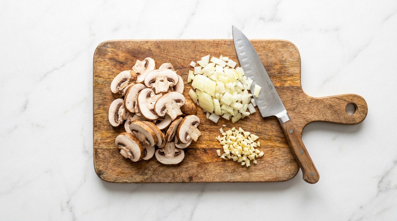 Step 1: Finely chop the onion and garlic and slice the mushrooms.