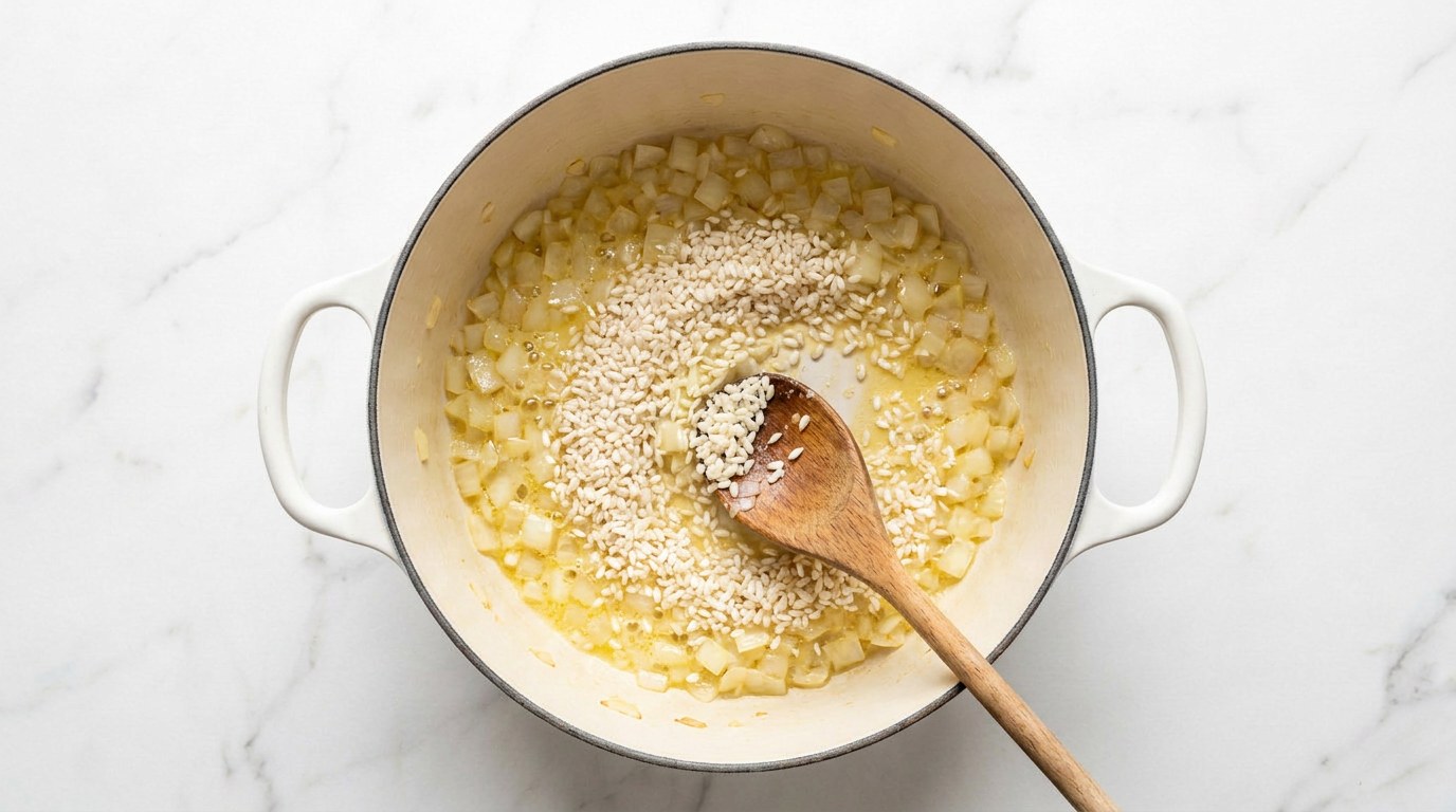 Step 2: Soften the onion in the butter, add the risotto rice and stir it through well.
