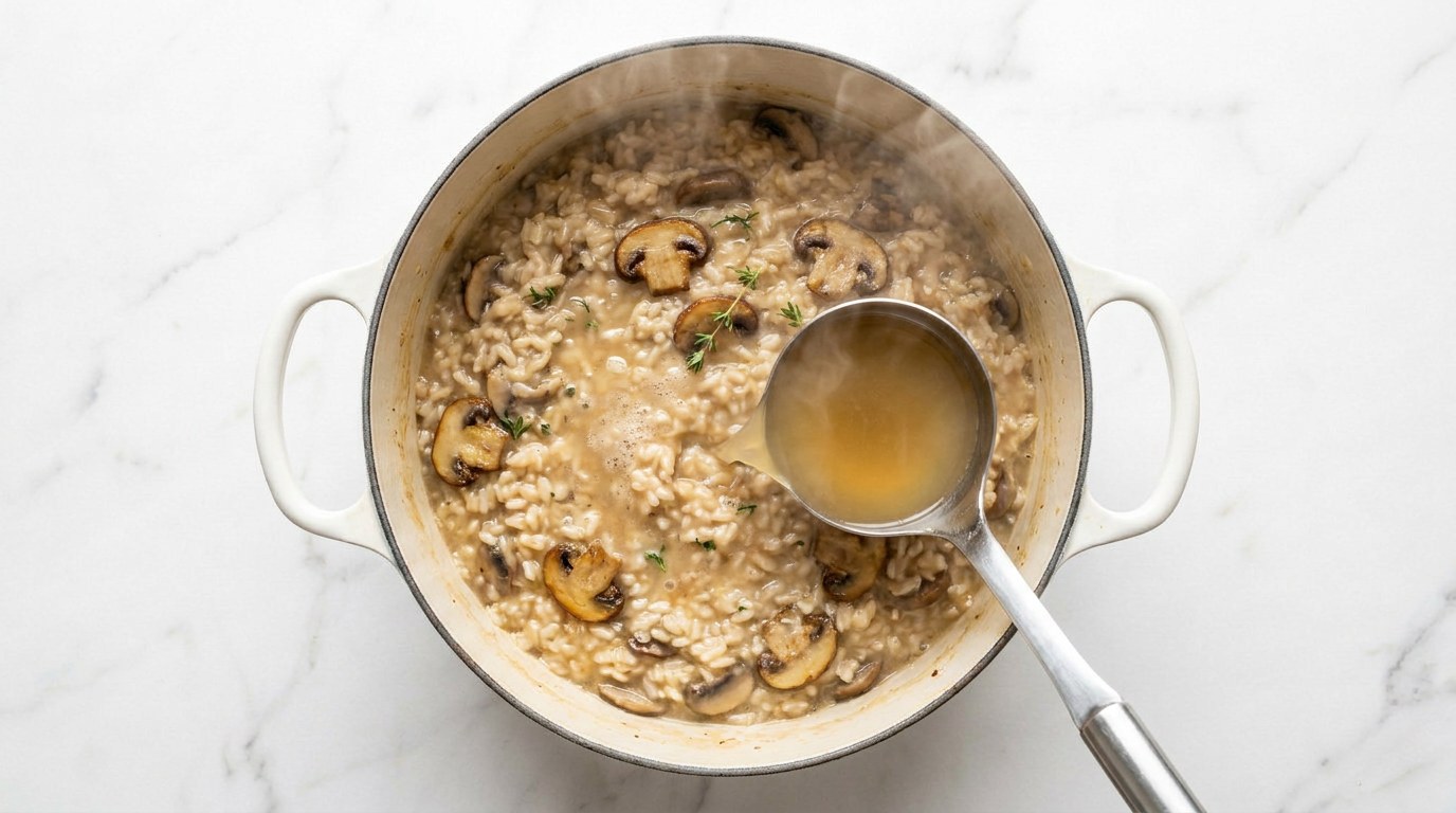 Step 4: Add the stock a ladle at a time, stirring constantly, until the rice is done.