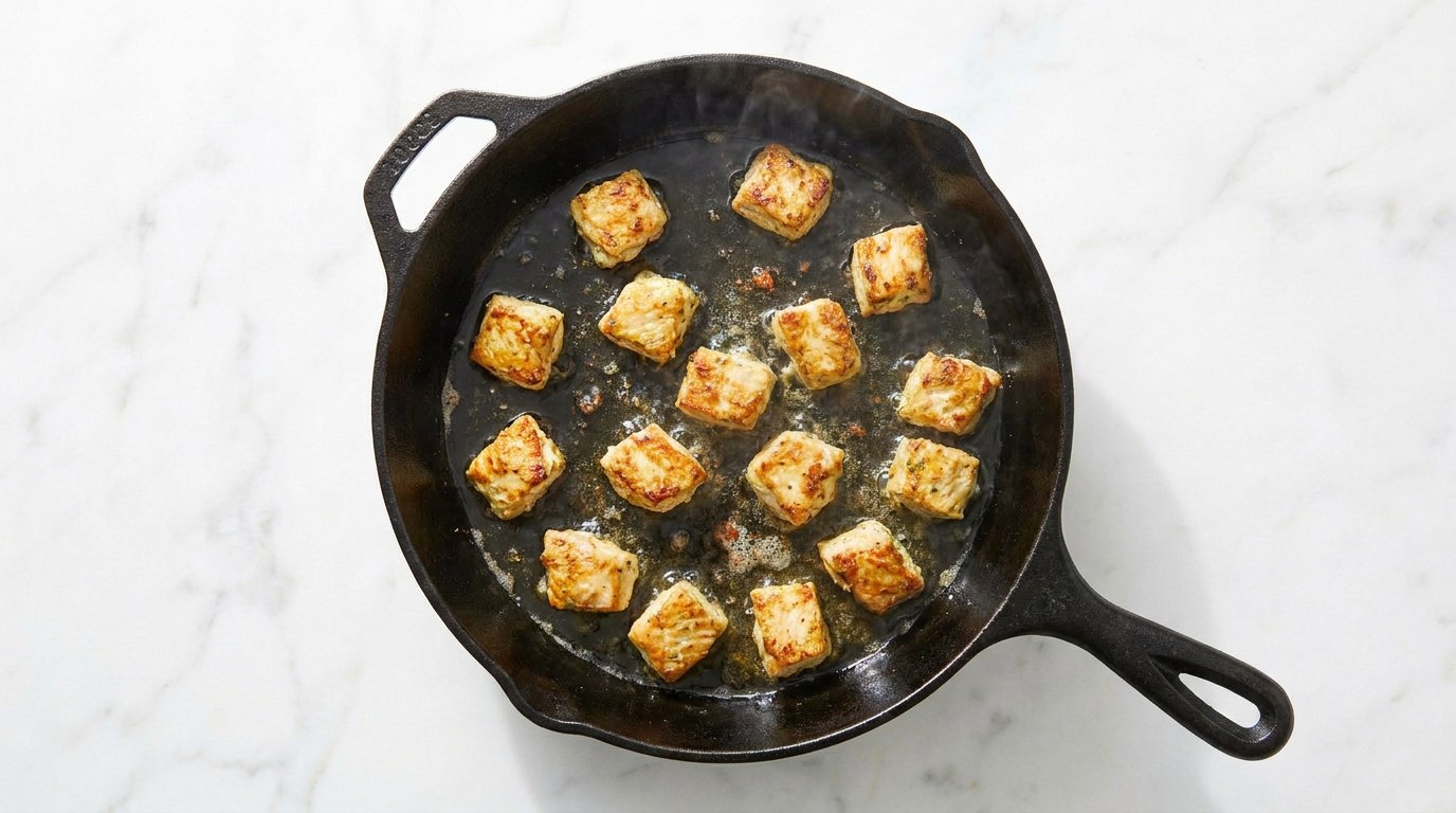 Stap 2: Snijd de kipfilet in blokjes en bak ze goudbruin in olijfolie.