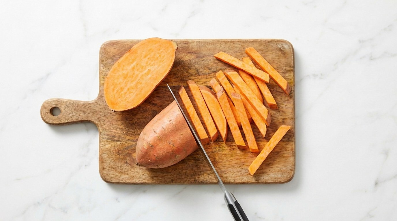 Step 1: Preheat the oven to 200°C and cut the sweet potato into fries.