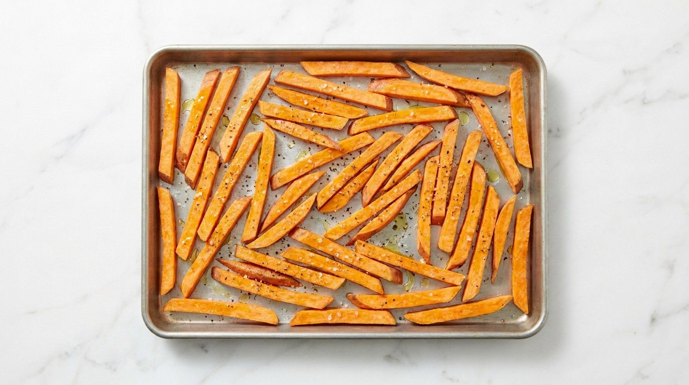 Step 2: Toss the fries with olive oil, salt and pepper and bake them for 25 minutes.