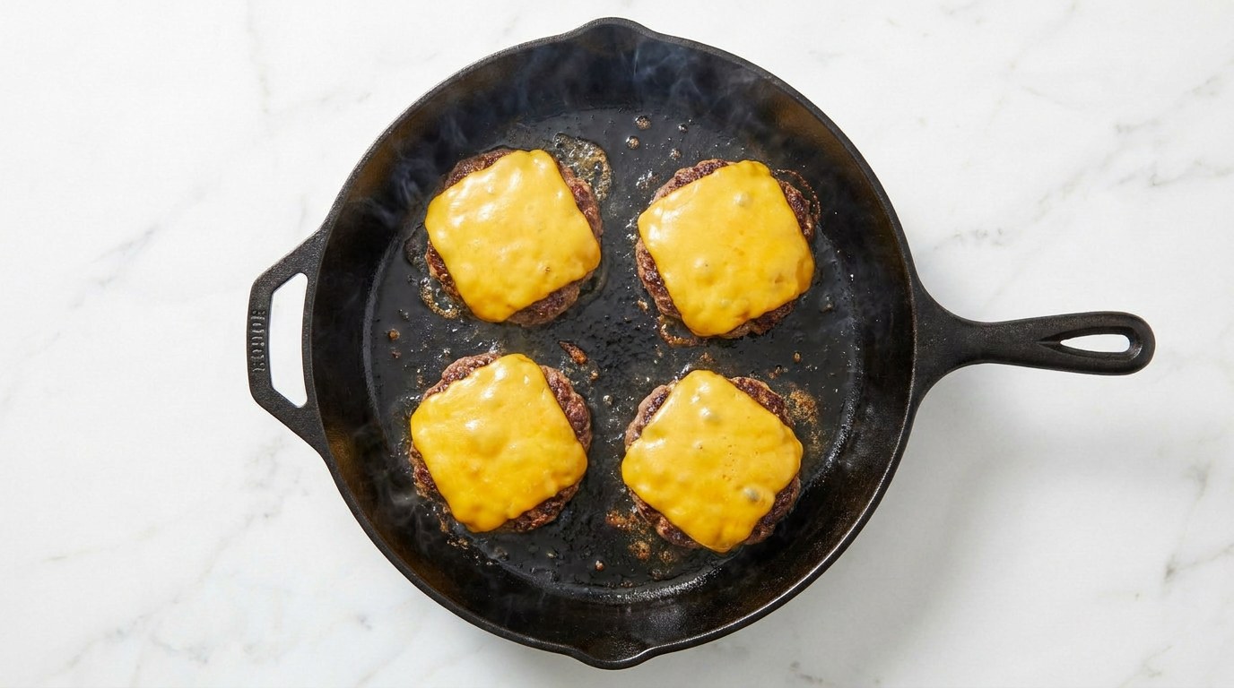 Step 4: Fry the burgers for 4 minutes a side and lay the cheddar on for the last minute.