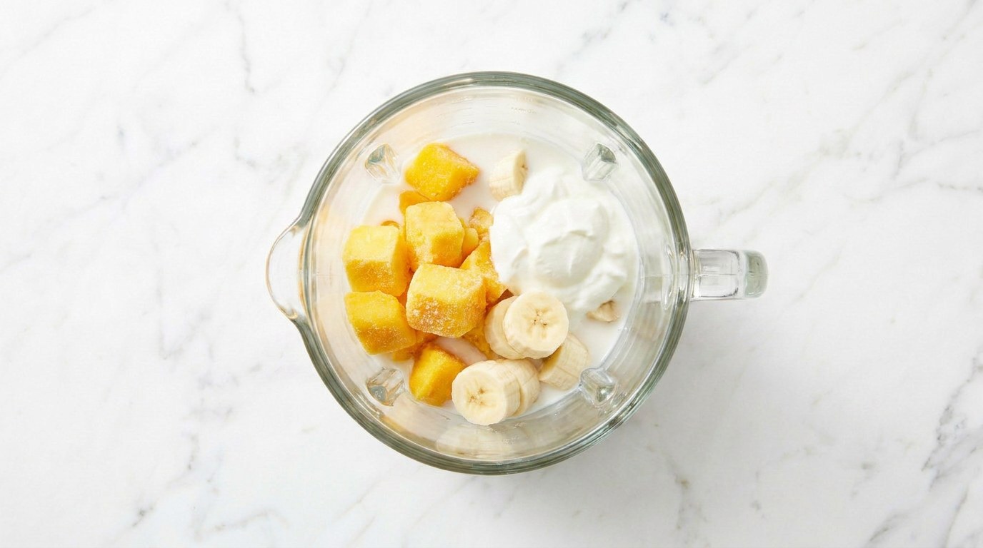 Step 1: Put the frozen mango, banana, yoghurt and milk in the blender.