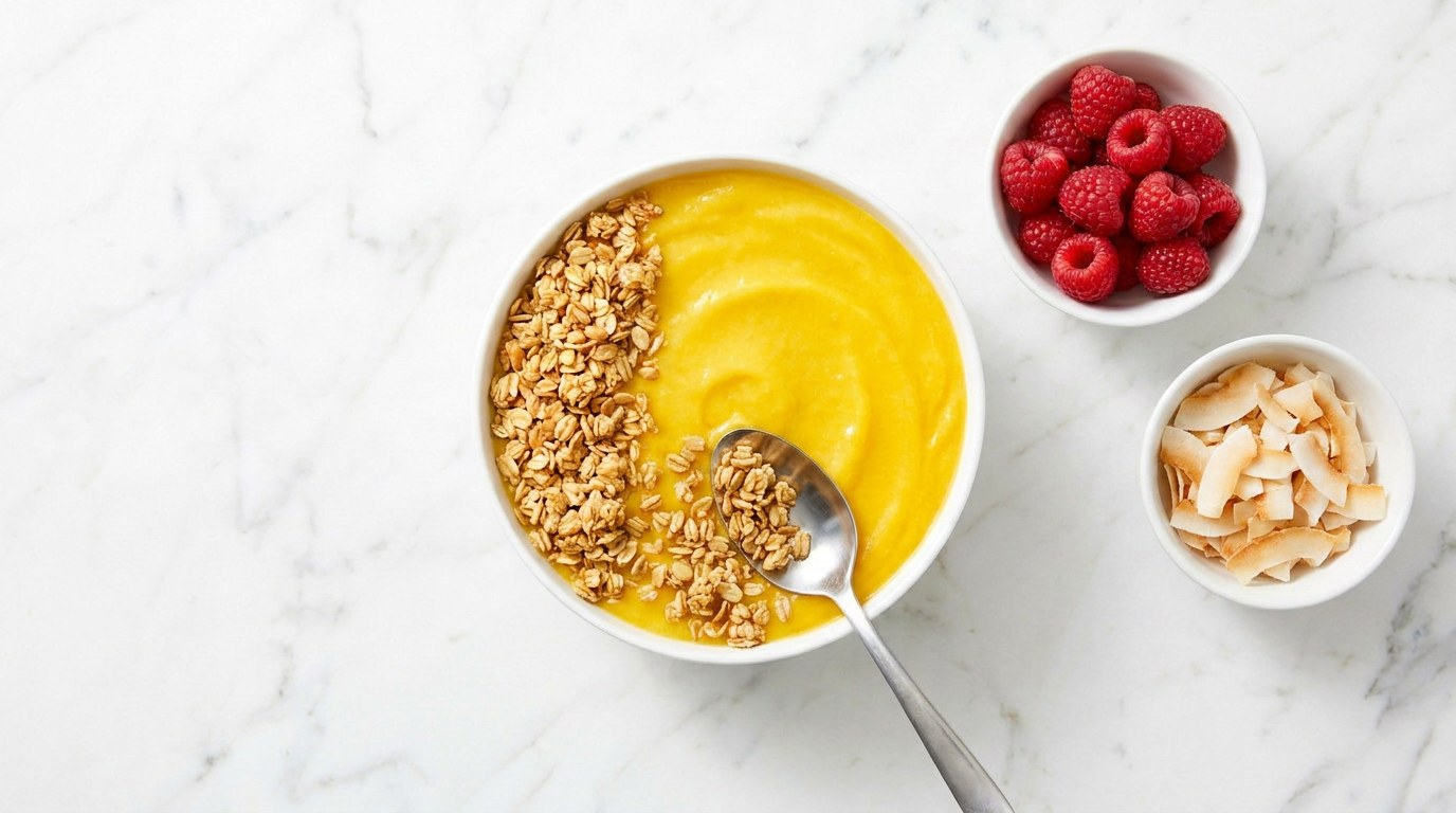 Step 3: Lay the granola, raspberries and coconut on top in neat stripes.