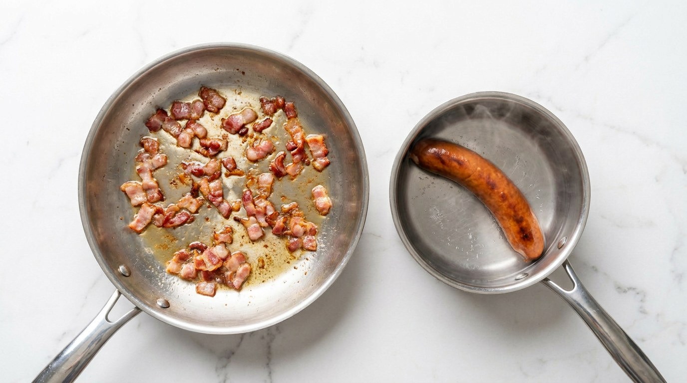 Stap 2: Verwarm de rookworst volgens de verpakking en bak de spekjes knapperig.