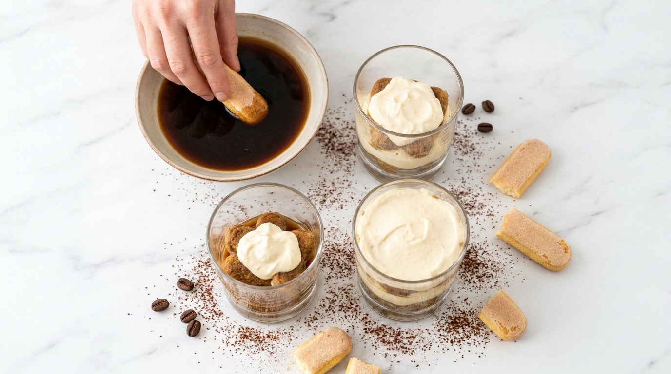 Step 4: Dip the sponge fingers briefly in the coffee and layer them with cream in the glasses.