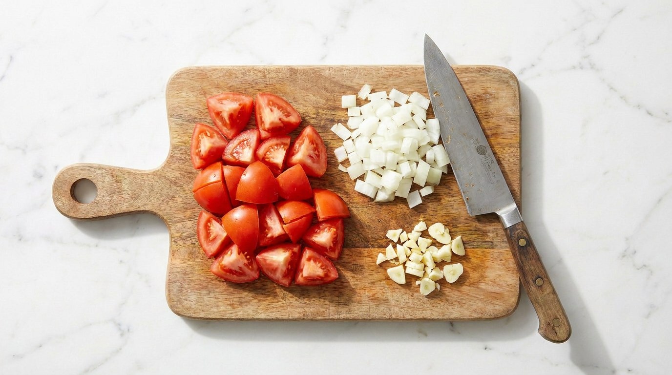 Step 1: Roughly chop the tomatoes and finely chop the onion and garlic.