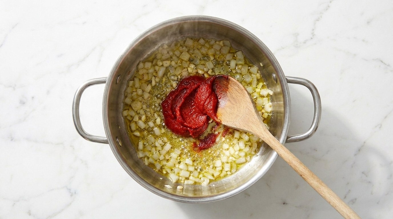 Step 2: Soften the onion and garlic in olive oil and fry the tomato puree with them briefly.
