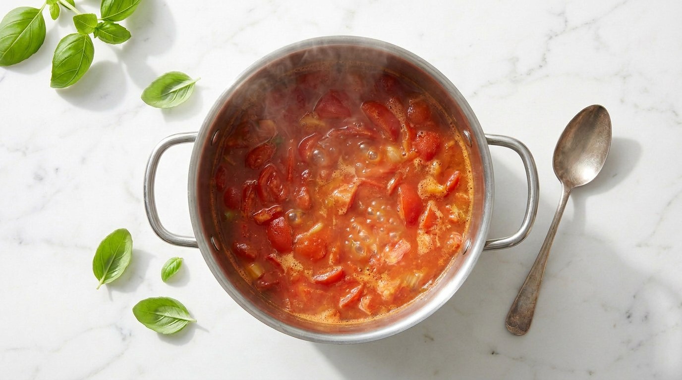 Step 3: Add the tomatoes and stock and let the soup simmer gently for 20 minutes.