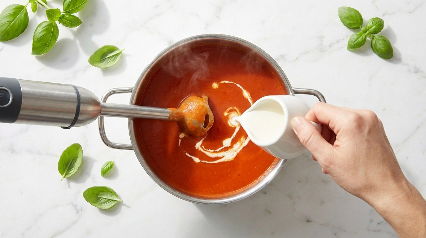 Step 4: Blend the soup smooth with a hand blender and stir in the cream.