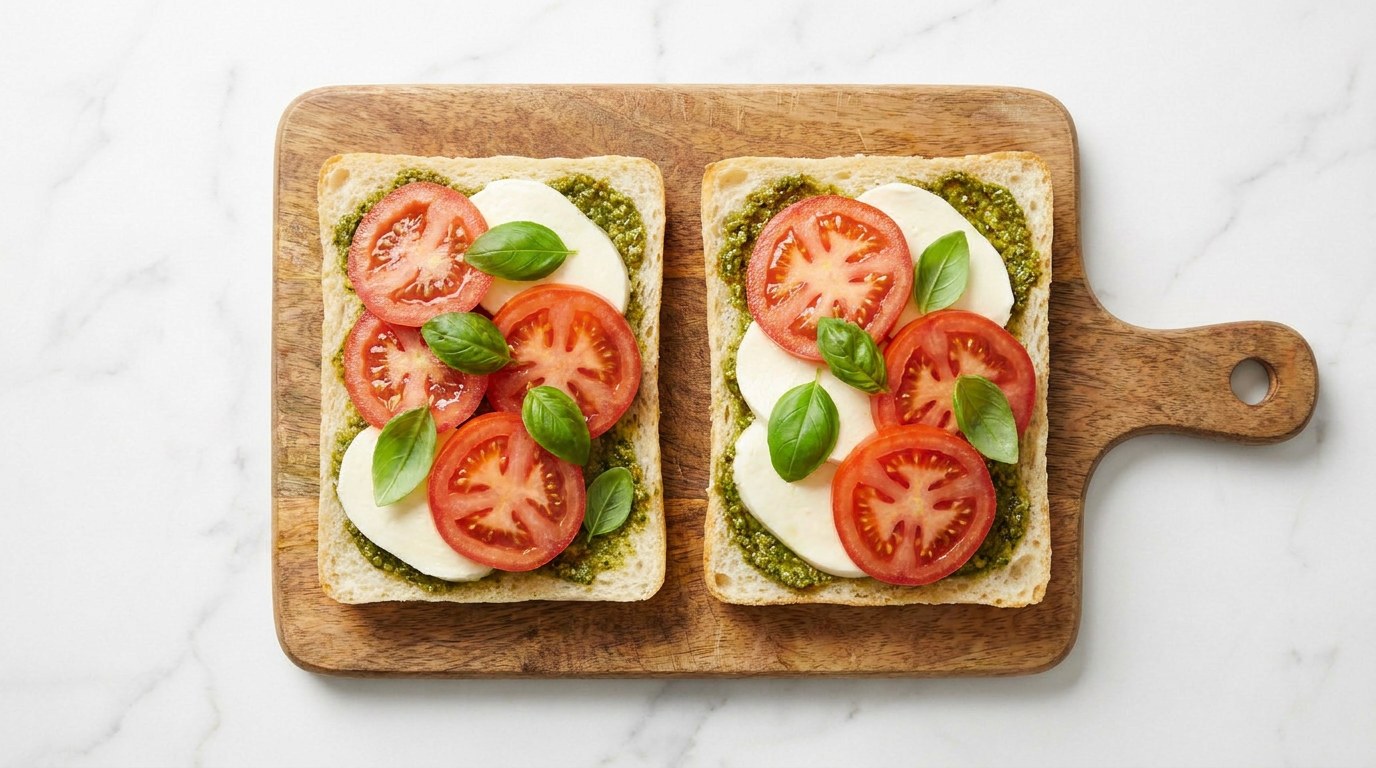 Step 1: Spread two slices of bread with pesto and top with slices of mozzarella, tomato and basil.