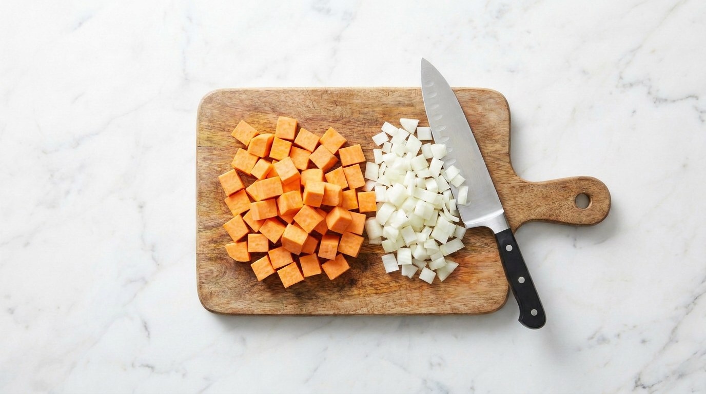 Step 1: Cut the sweet potato into cubes and finely chop the onion.