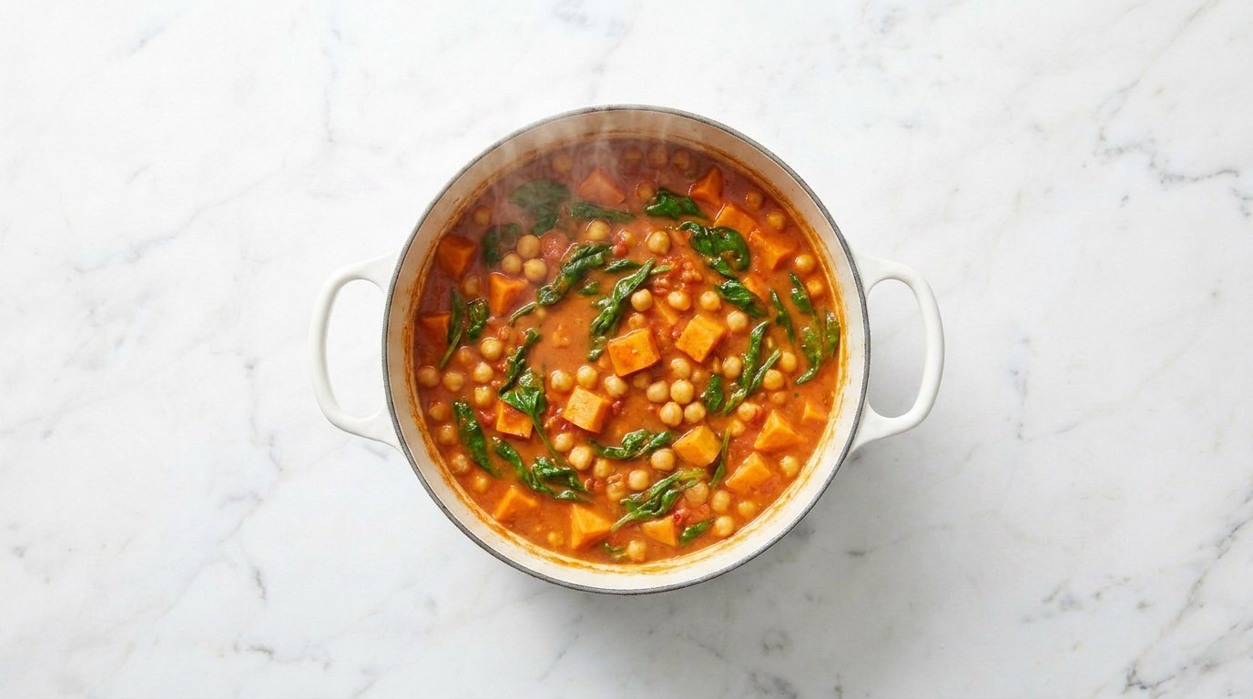 Step 3: Pour in the coconut milk, add the chickpeas and let it simmer gently for 15 minutes.