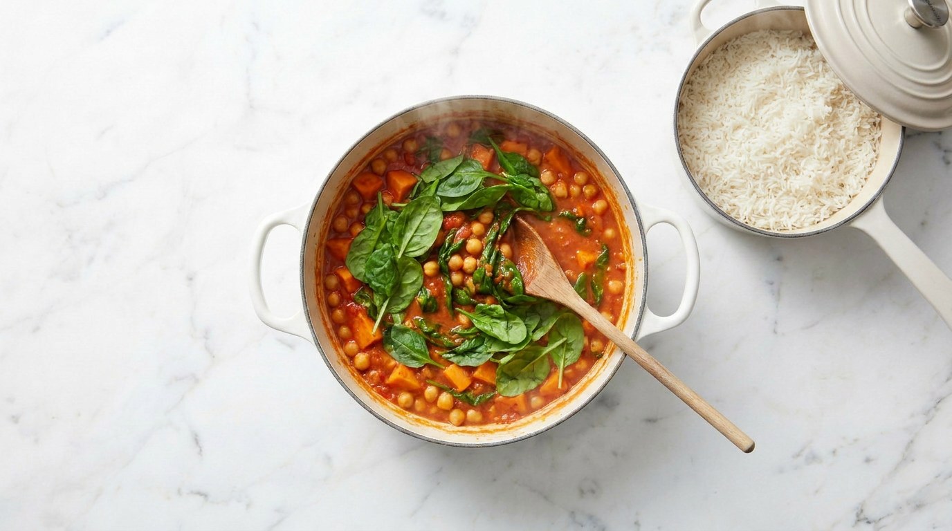 Step 4: Cook the rice meanwhile and stir the spinach through the curry at the last moment.
